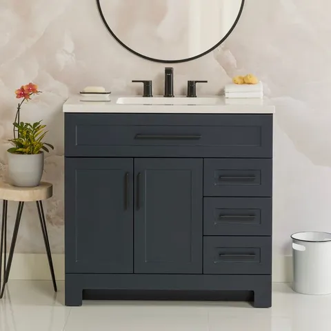 Cauley 36-in Deep Blue Single Sink Bathroom Vanity with White Cultured Marble Top