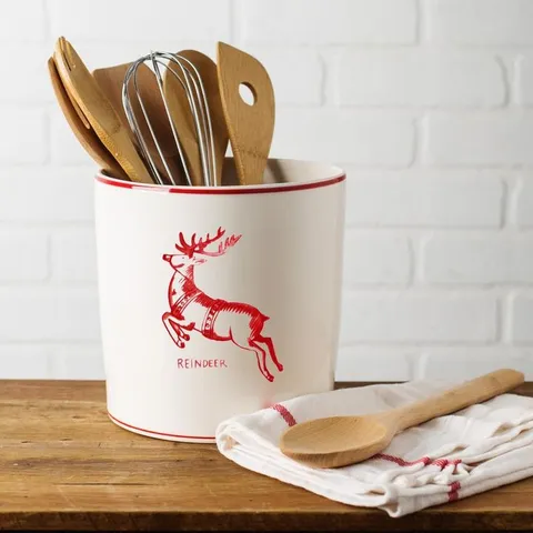 7 in. D White Reindeer Round Utensil Crock