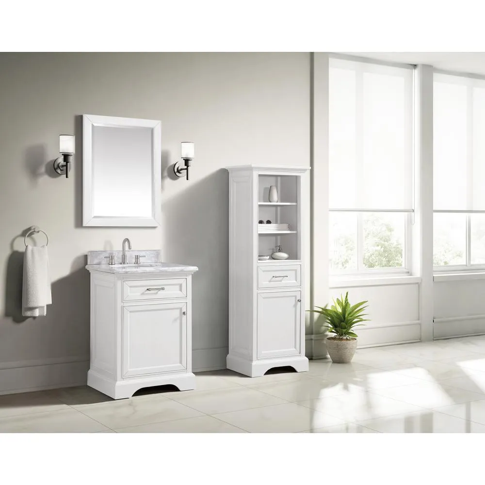 Windlowe 25 in. W x 22 in. D x 35 in. H Bath Vanity in White with Carrera Marble Vanity Top in White with White Sink, photo 5 of 21