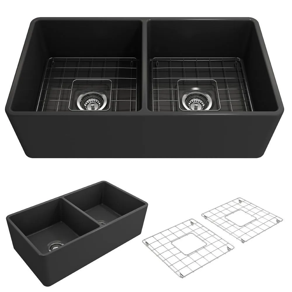 Classico Farmhouse Apron Front Fireclay 33 in. Double Bowl Kitchen Sink with Bottom Grid and Strainer in White, photo 9 of 15