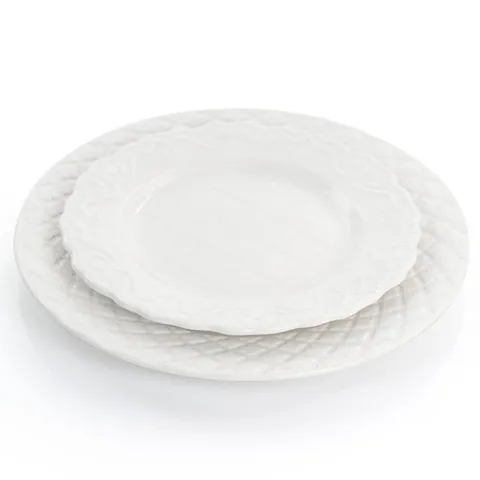 Quilted Eyelet 16 Piece Round Fine Ceramic Dinnerware Set in White
