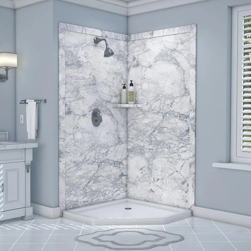 Splendor 40 in. x 40 in. x 80 in. 7-Piece Easy Up Adhesive Corner Shower Wall Surround in White, photo 15 of 24