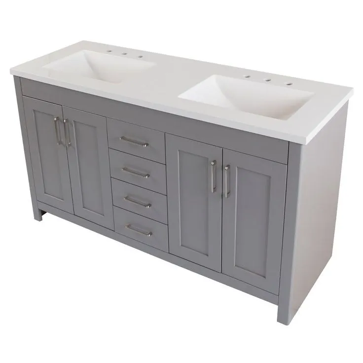 Westcourt 61 in. W Bath Vanity in Sterling Gray with Vanity Top in White with White Sinks and Mirrors, photo 7 of 7