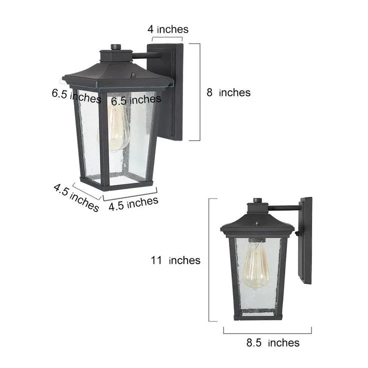 1-Light Black 11 in. H Square Patio LED Decorative Outdoor Metal Caged Wall Lantern Seeded Glass Sconce, photo 7 of 15