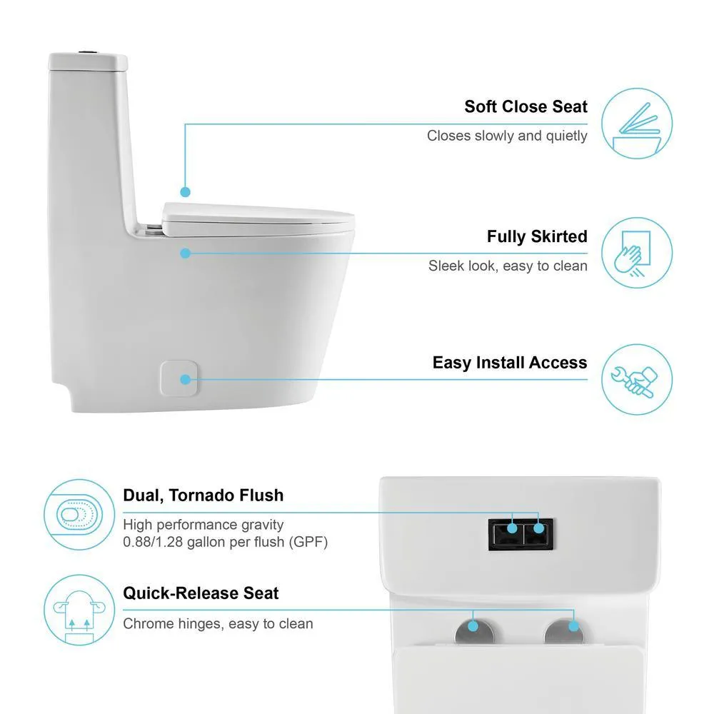 1-Piece Elongated Dual-Flush 1.28 GPF/0.88 GPF High Efficiency Skirted Toilet All-in-One Toilet in White Seat Included, photo 7 of 10