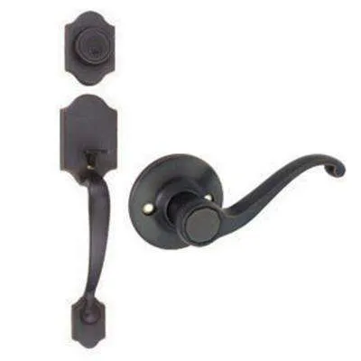 Prestige Wesley Single Cylinder Polished Brass Exterior Door Handleset and Alcott Entry Knob Featuring SmartKey Security