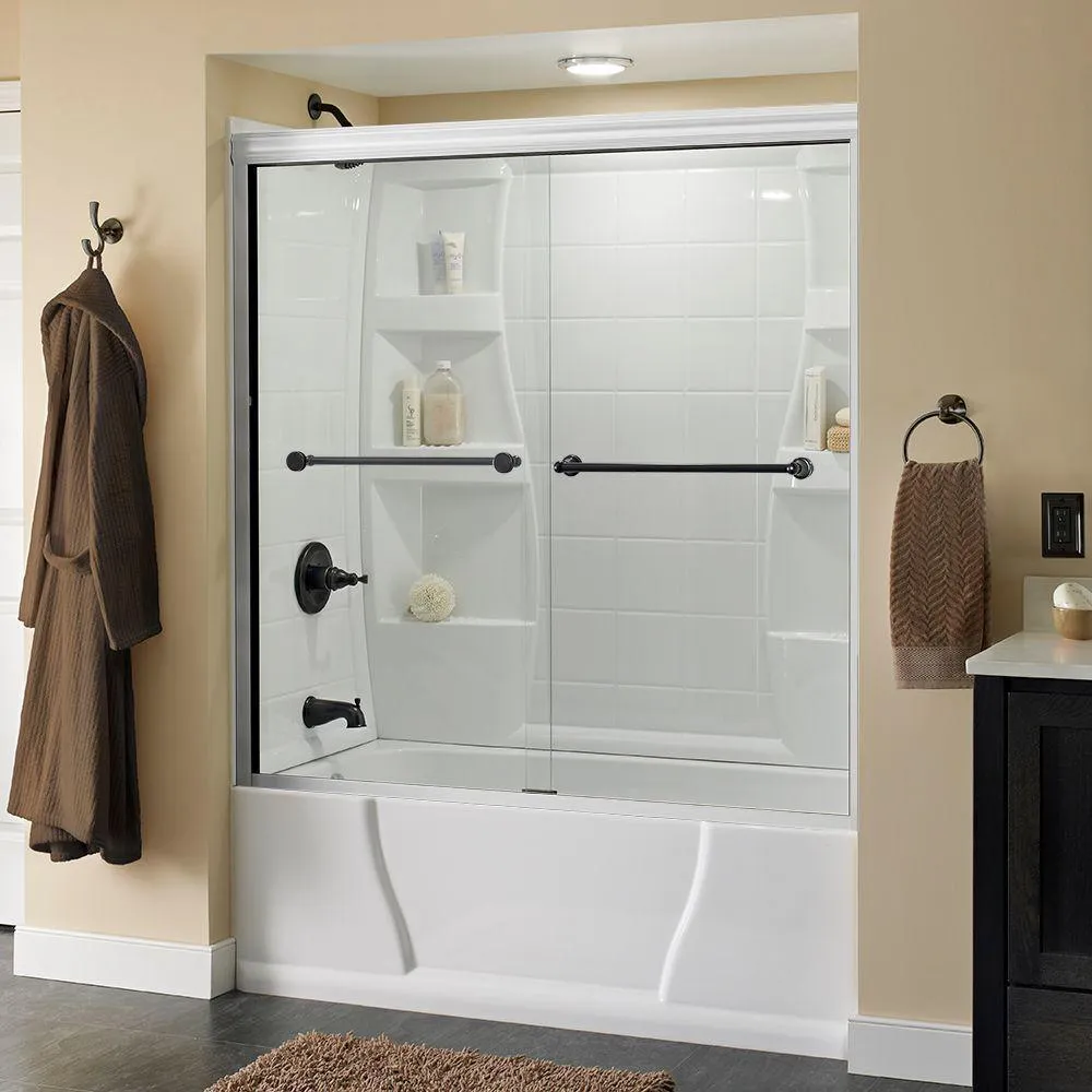 Crestfield 60 in. x 58-1/8 in. Semi-Frameless Traditional Sliding Bathtub Door in Bronze with Transition Glass, photo 65 of 67