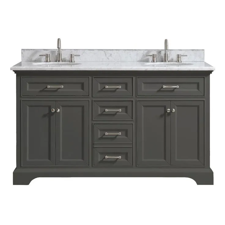 Windlowe 73 in. W x 22 in. D x 35 in. H Bath Vanity in Gray with Carrara Marble Vanity Top in White with White Sink, photo 3 of 15