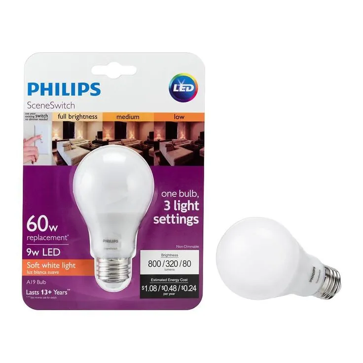 Philips 60-Watt Equivalent A19 SceneSwitch LED Light Bulb Soft White (2700K)/Amber (2500K)/ Warm Glow (2200K) (4-Pack), photo 6 of 7