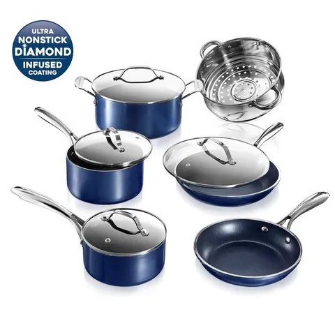 Classic Blue 10-Piece Aluminum Ultra-Durable Non-Stick Diamond Infused Cookware Set with Glass Lids