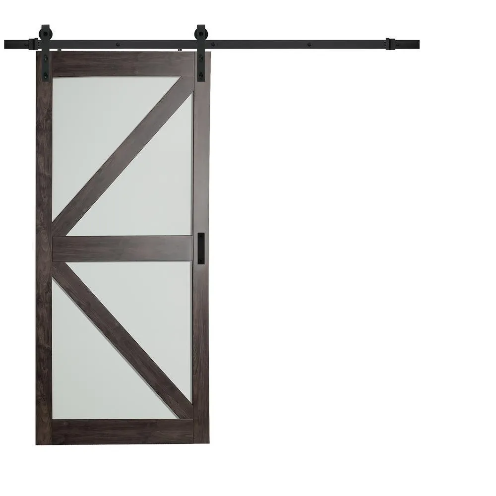 TRUporte 36 in. x 84 in. Bright White MDF Frosted Glass K Design Sliding Barn Door with Rustic Hardware Kit, photo 4 of 4
