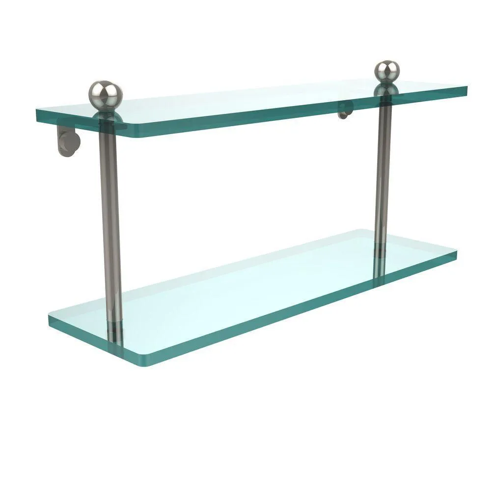 Allied Brass 16 in. L x 8 in. H x 5 in. W 2-Tier Clear Glass Bathroom Shelf in Satin Nickel, photo 7 of 14