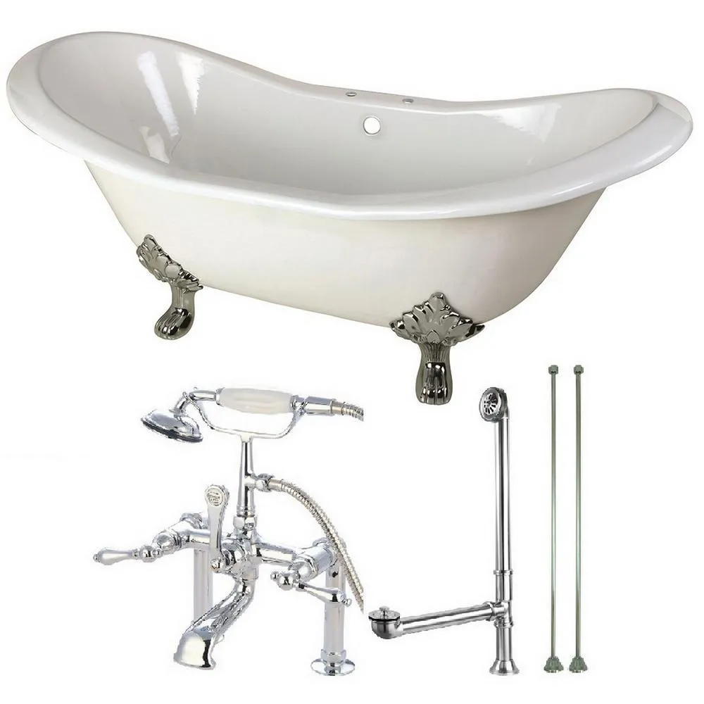 Double Slipper 72 in. Cast Iron Clawfoot Bathtub in White and Faucet Combo in Oil Rubbed Bronze, photo 5 of 5