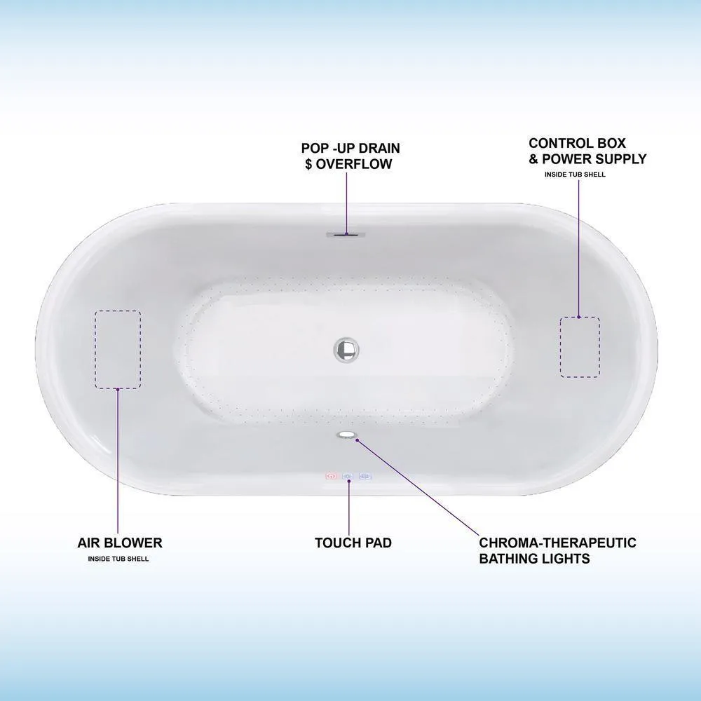 WOODBRIDGE Diana 59 in. Acrylic Freestanding Double-Ended Air Bath Bathtub with Chrome Drain & Overflow, White, photo 4 of 12