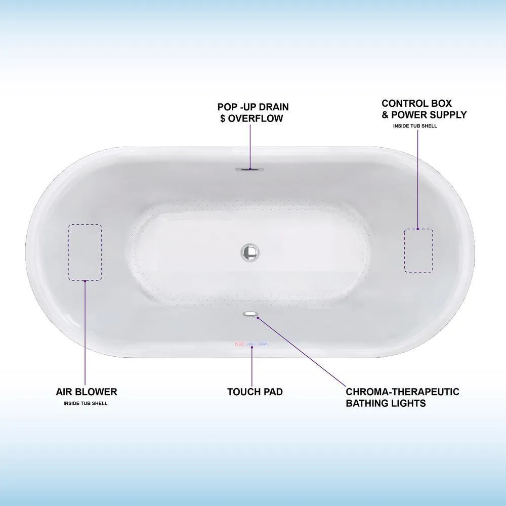 WOODBRIDGE Tion 59 in. Acrylic Freestanding Double-Ended Air Bath Bathtub with Chrome Drain and Overflow, White, photo 8 of 18