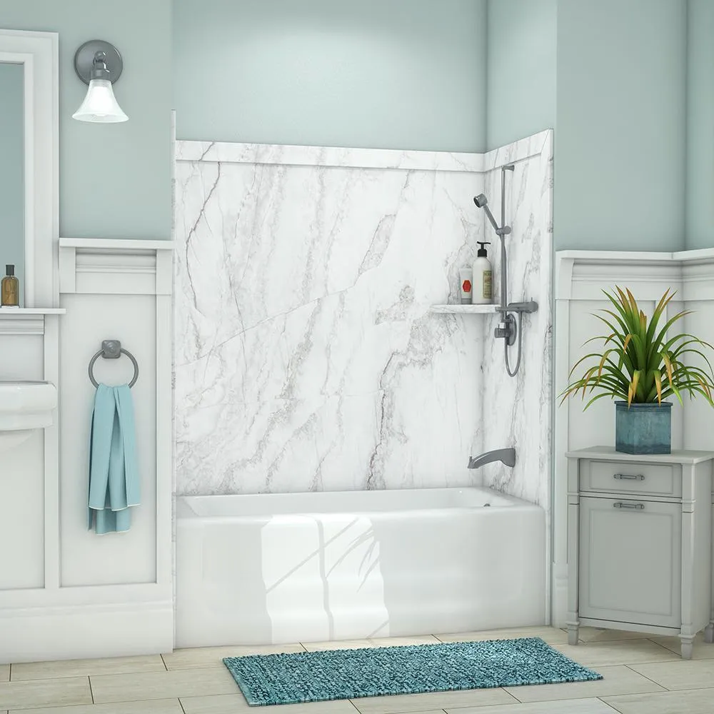 Elite 32 in. x 60 in. x 60 in. 9-Piece Easy Up Adhesive Tub Surround in Calacatta White, photo 5 of 25