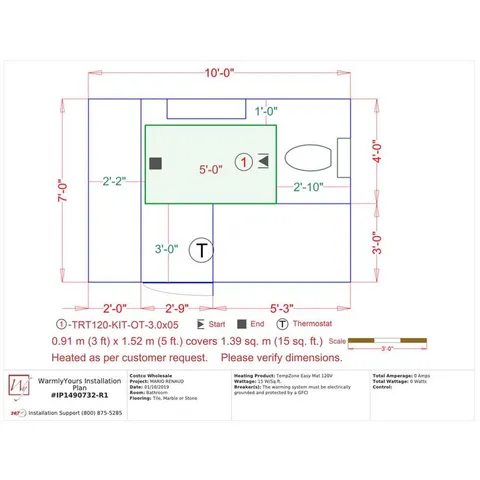 TempZone 5 ft × 36 in 120-Volt Radiant Floor Heating Mat with Touch Screen Thermostat