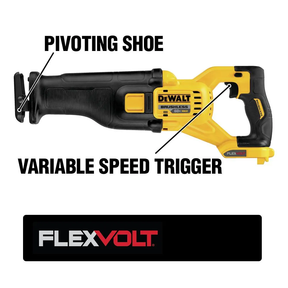 DEWALT FLEXVOLT 60-Volt MAX Lithium-Ion Cordless Brushless Reciprocating Saw with (2) Batteries 2Ah, Charger and Bonus Battery, photo 3 of 12