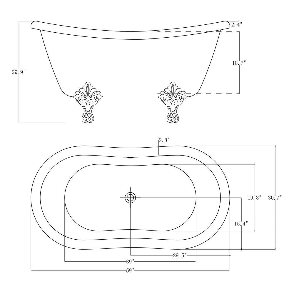 59 in. Fiberglass Double Slipper Clawfoot Non-Whirlpool Bathtub in Matte Antique Brass, photo 9 of 9