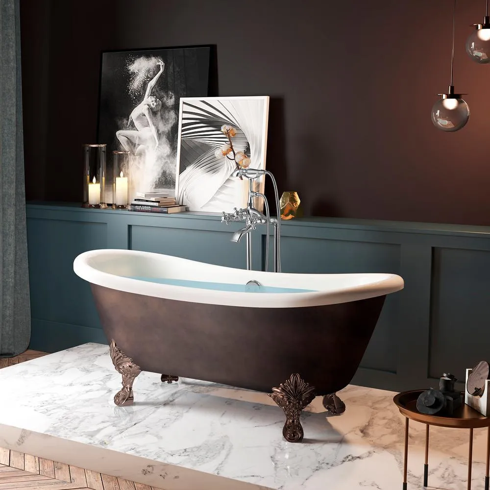 59 in. Fiberglass Double Slipper Clawfoot Non-Whirlpool Bathtub in Matte Antique Brass, photo 2 of 9
