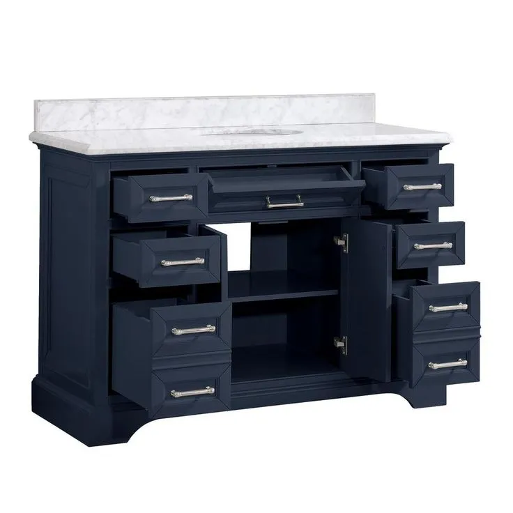 Windlowe 49 in. W x 22 in. D x 35 in. H Bath Vanity in Navy Blue with Carrara Marble Vanity Top in White with White Sink, photo 3 of 17