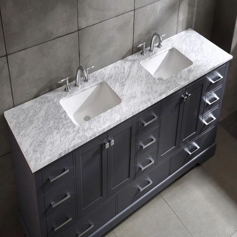 Eviva Storehouse 84 in. W x 22 in. D x 34 in. H Double Sink Bathroom Vanity in Dark Gray with White Carrara Marble Top and White Undermount Basins, photo 3 of 11