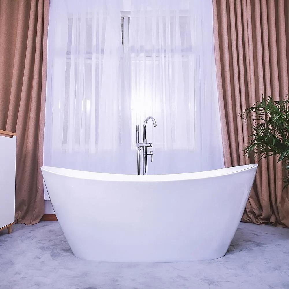 Empava 67 in. Luxury Freestanding Bathtub Stand Alone Flatbottom Acrylic Soaking SPA Tub Modern Style in White, photo 7 of 7