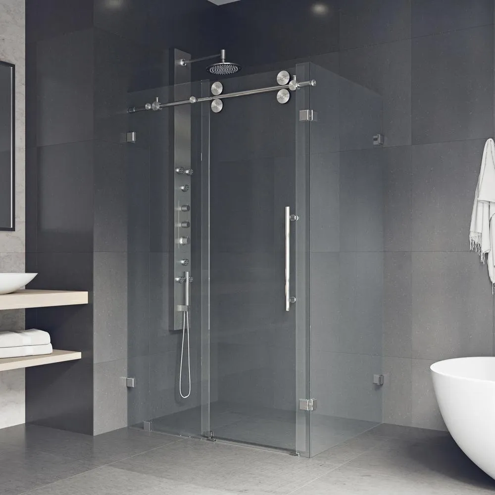 Winslow 34.625 in. x 74 in. Frameless Corner Bypass Shower Enclosure in Stainless Steel with Clear Glass, photo 4 of 15