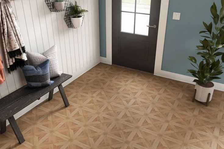 Style Selections Maple Parquet 3-mil x 12-in W x 12-in L Water Resistant Peel and Stick Luxury Vinyl Tile Flooring, photo 4 of 8