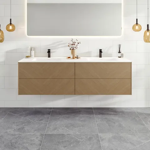 Lotus 59 in. Natural Oak Floating Double-Sink Vanity