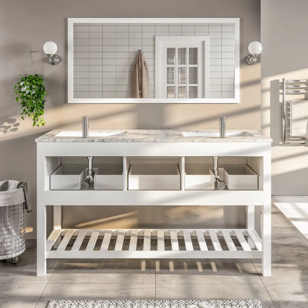 Eviva Natalie 60"W x 22"D Gray Double Sink Bathroom Vanity with White Carrara Marble Countertop and Undermount Porcelain Sinks, photo 7 of 7