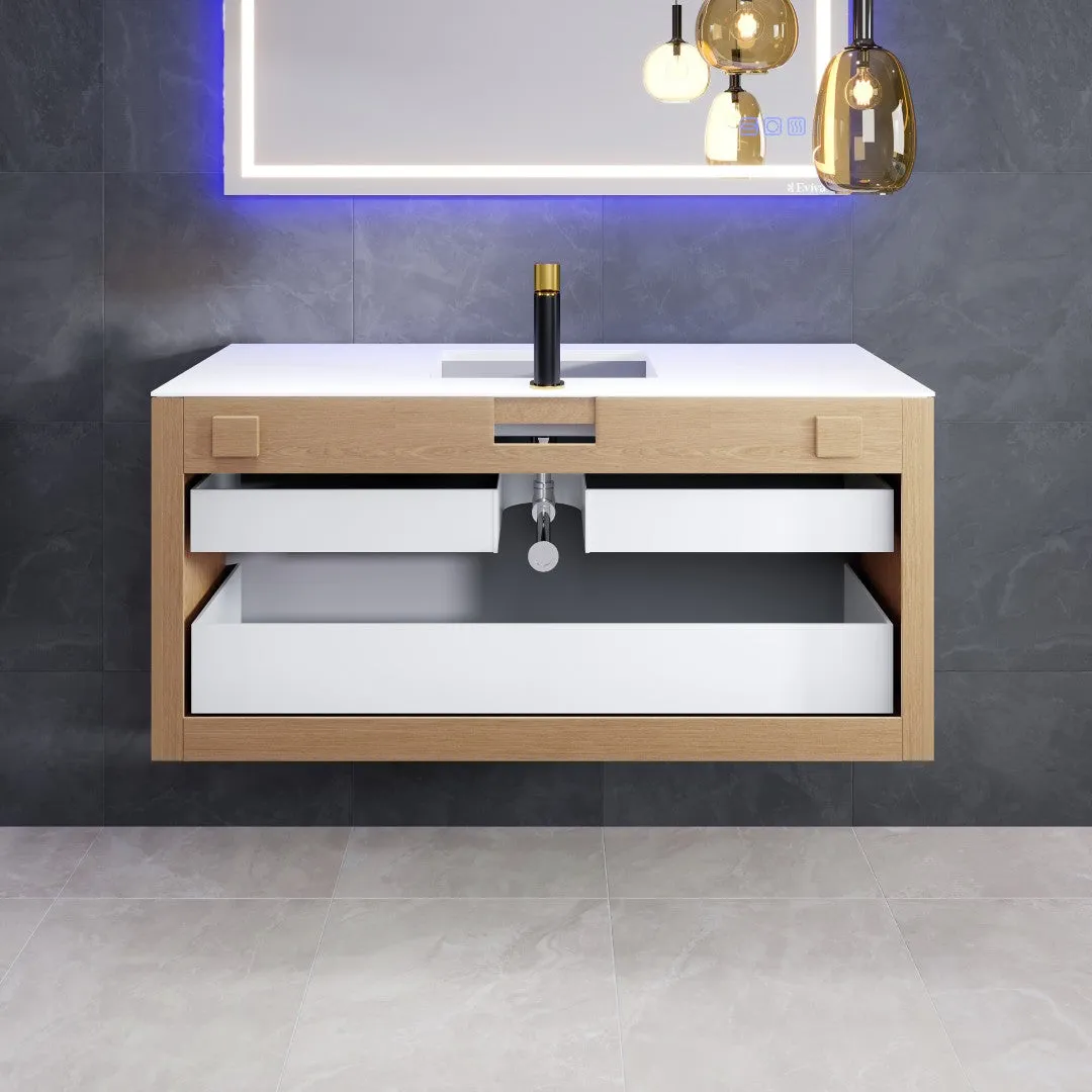 Eviva Mosaic 49"W x 20"D Natural Oak Wall Mount Bathroom Vanity with White Solid Surface Countertop and Integrated Sink, photo 7 of 7