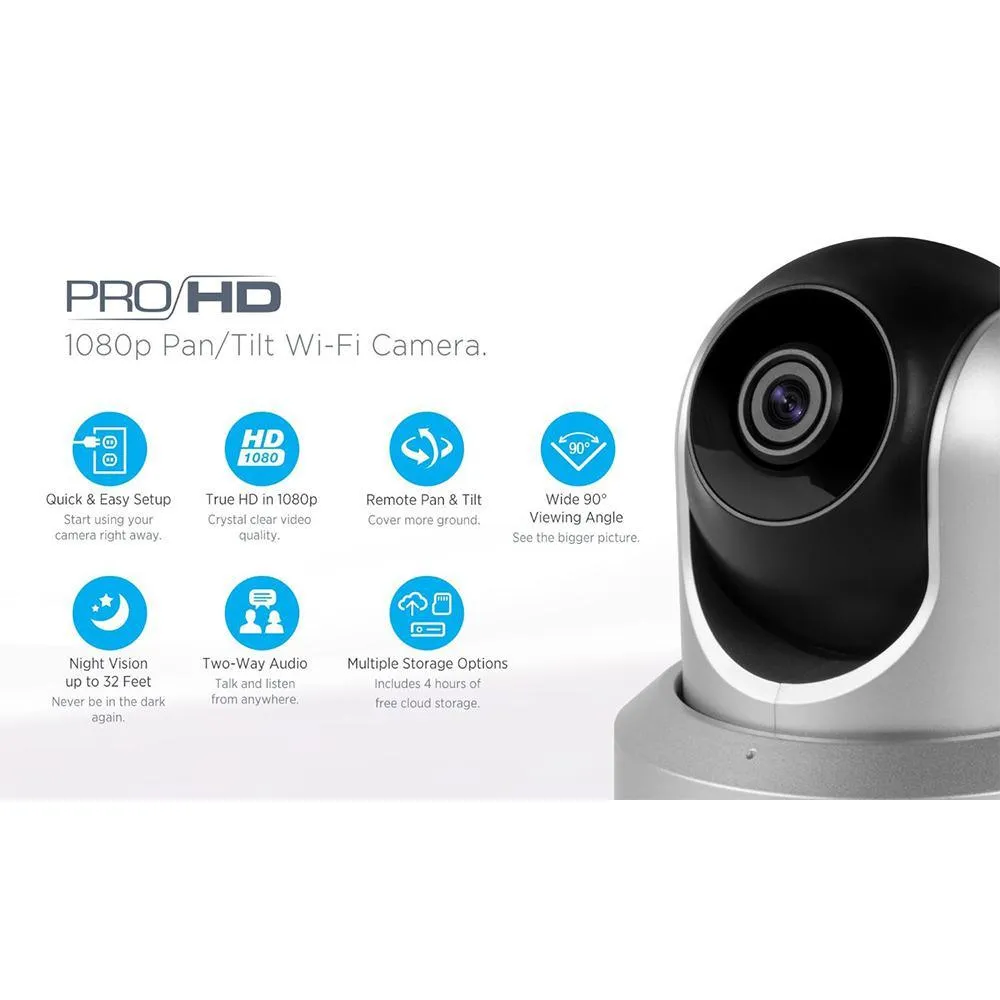 ProHD 1080p Wi-Fi Wireless IP Security Camera 1920TVL, Pan/Tilt, Night Vision, 2-Way Audio, Silver, photo 2 of 8