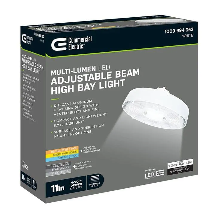 Commercial Electric 11 in.  Adjustable CCT Multiple Lumens 100-Watt Round Integrated LED High Bay Light 120-277V Mounting Options, photo 8 of 10