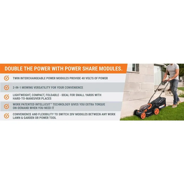 Worx POWER SHARE 40-Volt 14 in. Cordless Battery Walk Behind Mower with Mulching & Intellicut, (Battery & Charger Included), photo 3 of 8