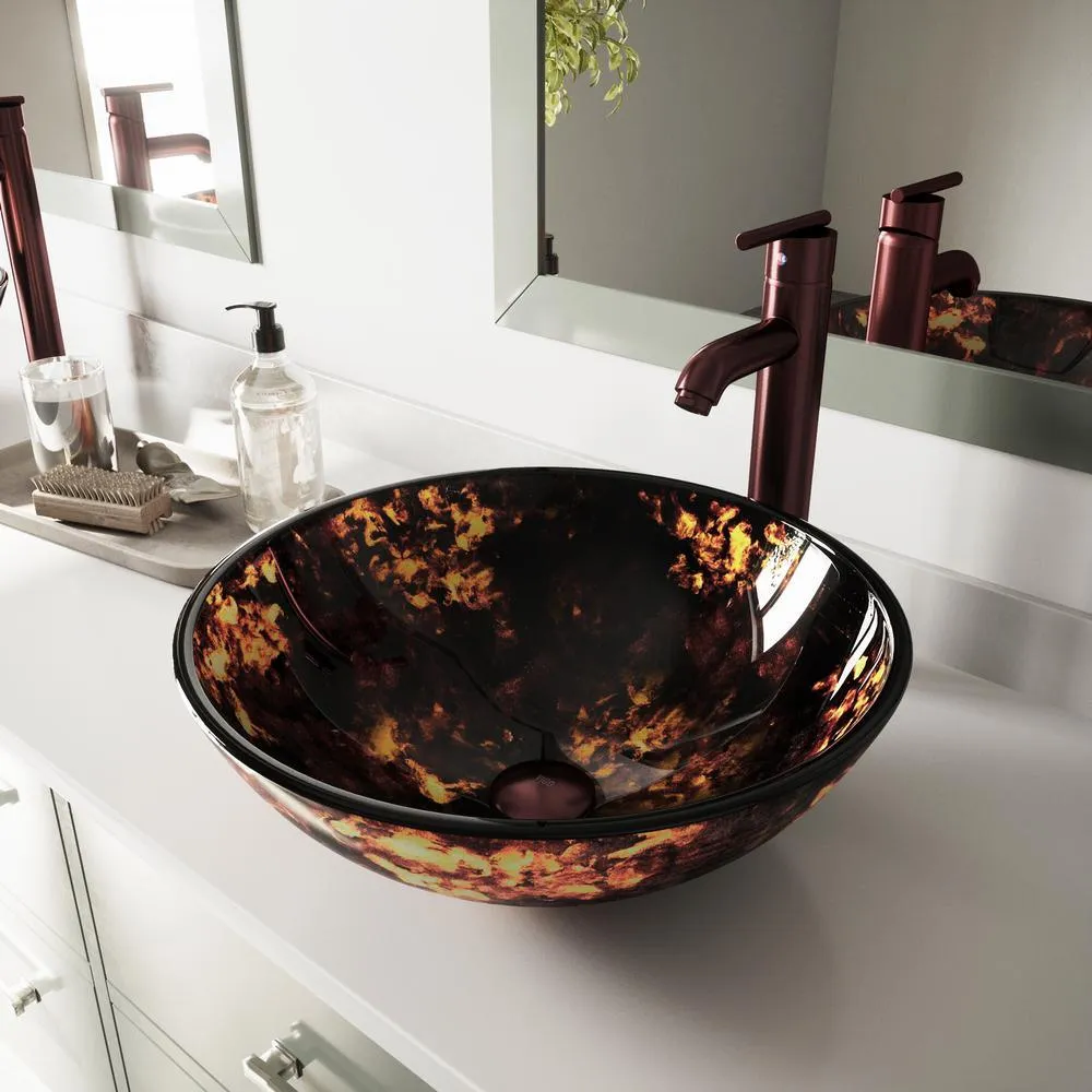 Glass Vessel Bathroom Sink in Gray Onyx and Seville Faucet Set in Matte Black, photo 27 of 27