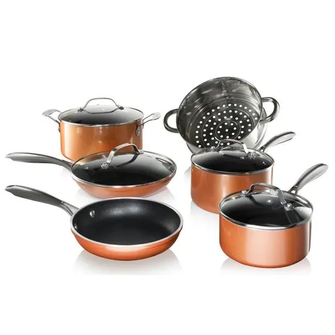 Cast Textured Aluminum Ceramic Nonstick Cookware Set in Copper
