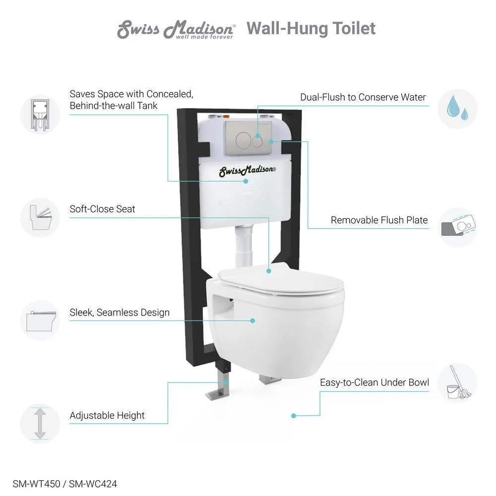 Swiss Madison Ivy Wall Hung Elongated Toilet Bowl Only 0.8/1.28 GPF Dual Flush in White, photo 10 of 14