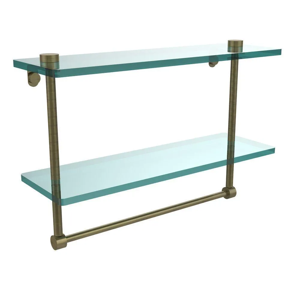 Allied Brass 16 in. L x 12 in. H x 5 in. W 2-Tier Clear Glass Vanity Bathroom Shelf with Towel Bar in Polished Brass, photo 12 of 14