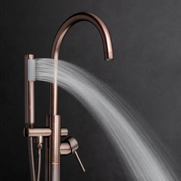 2-Handle 45.47 in. Freestanding Floor Mount Tub Faucet Bathtub Filler with Hand Shower in Brushed Bronze, photo 7 of 8
