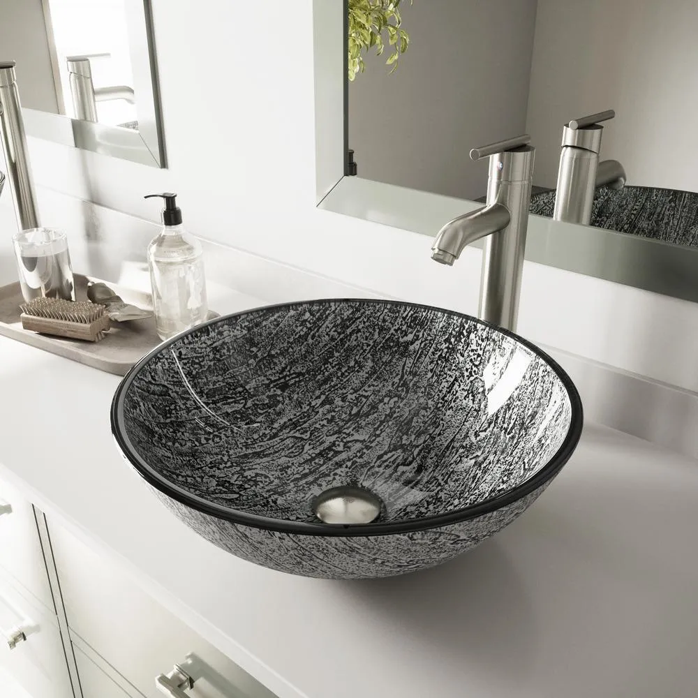 Glass Vessel Bathroom Sink in Gray Onyx and Seville Faucet Set in Matte Black, photo 19 of 27