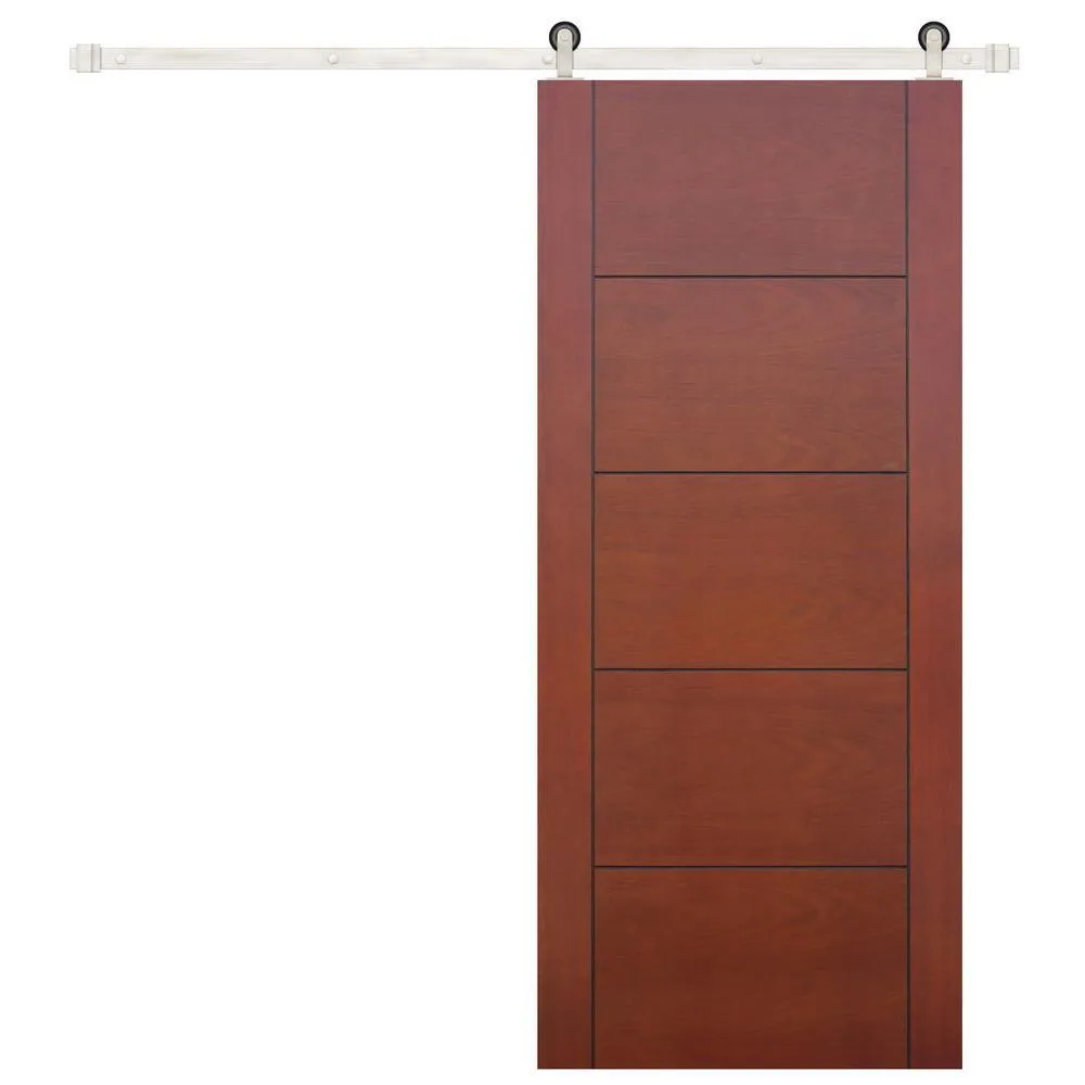 Pacific Entries 36 in. x 84 in. Contemporary Prefinished 5-Panel Flush Mahogany Wood Sliding Barn Door with Bronze Hardware Kit, photo 4 of 8