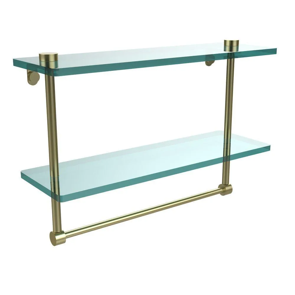 Allied Brass 16 in. L x 12 in. H x 5 in. W 2-Tier Clear Glass Vanity Bathroom Shelf with Towel Bar in Polished Brass, photo 7 of 14