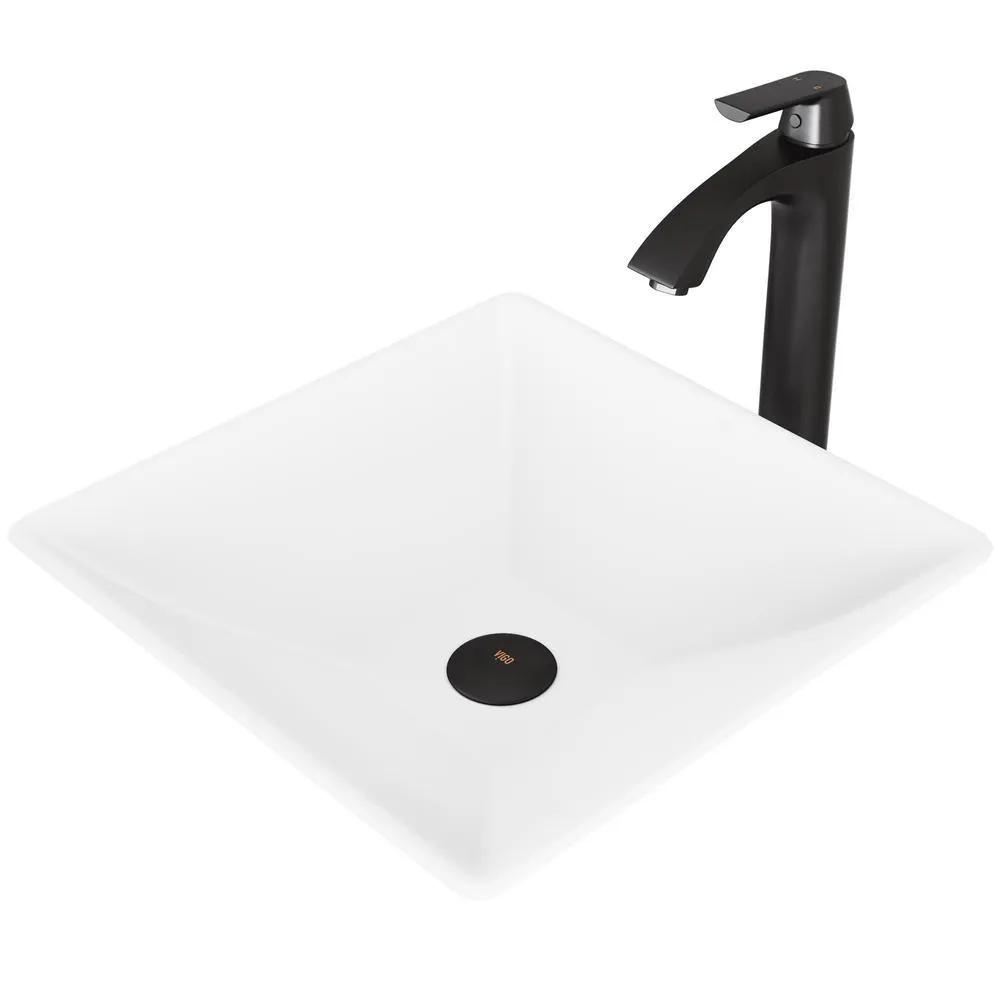 VIGO Hibiscus White Matte Stone Vessel Bathroom Sink and Linus Bathroom Vessel Faucet in Antique Rubbed Bronze w/ Pop up, photo 16 of 16