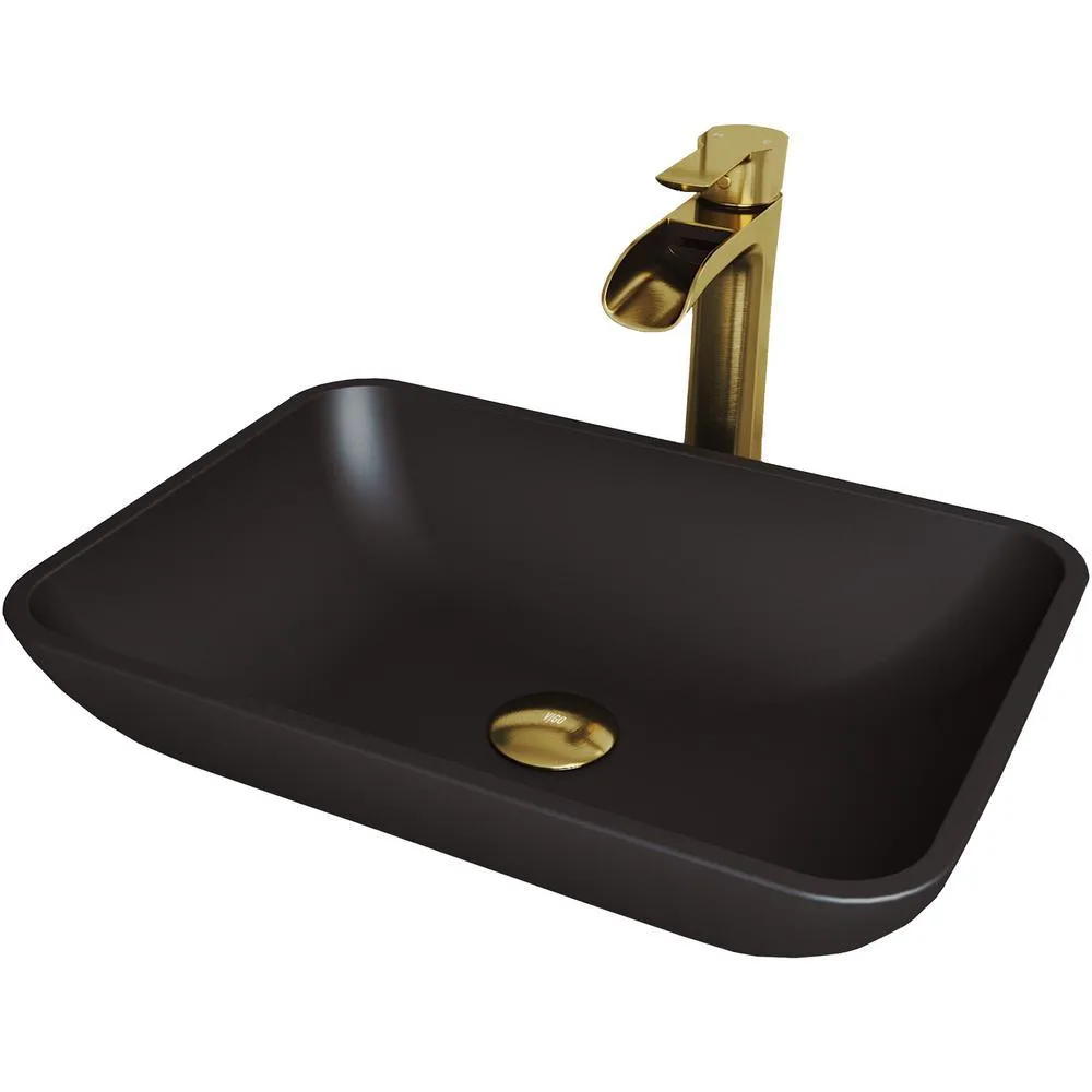 VIGO Sottile Glass Vessel Bathroom Sink in Black with Niko Faucet in Matte Gold, photo 2 of 4