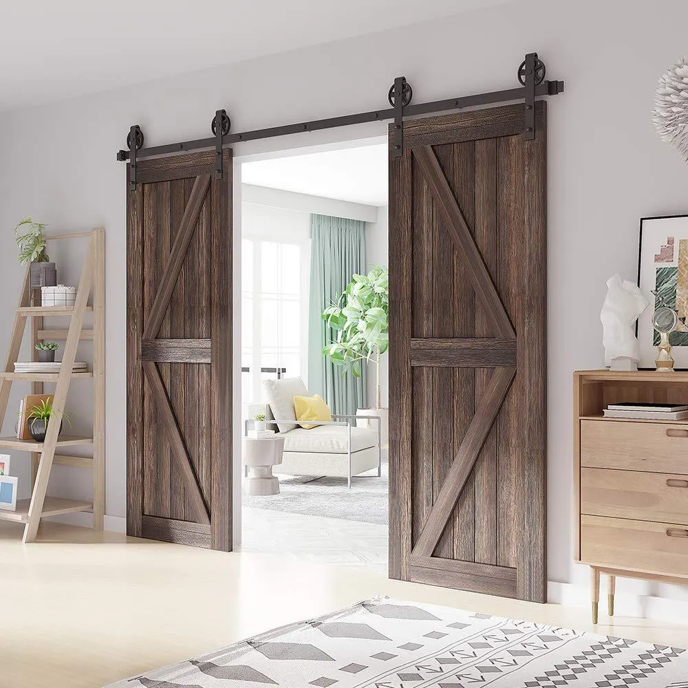 WINSOON 10 ft. /120 in. Frosted Black Sliding Barn Door Track and Hardware Kit for Double Doors with Non-Routed Floor Guide, photo 4 of 7