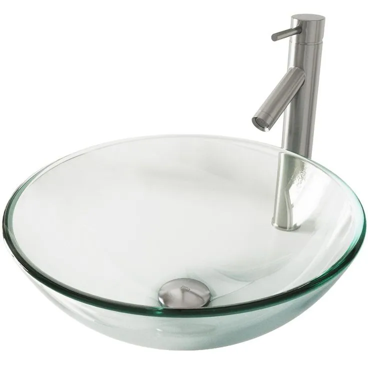 VIGO Glass Vessel Bathroom Sink in Clear Crystalline and Dior Vessel Faucet Set in Brushed Nickel, photo 7 of 11
