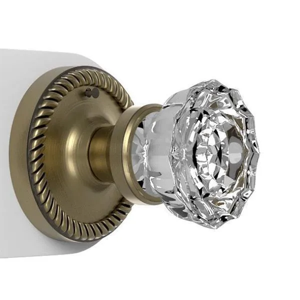 Rope Rosette 2-3/8 in. Backset Antique Brass Privacy Bed/Bath Crystal Glass Door Knob, photo 2 of 19