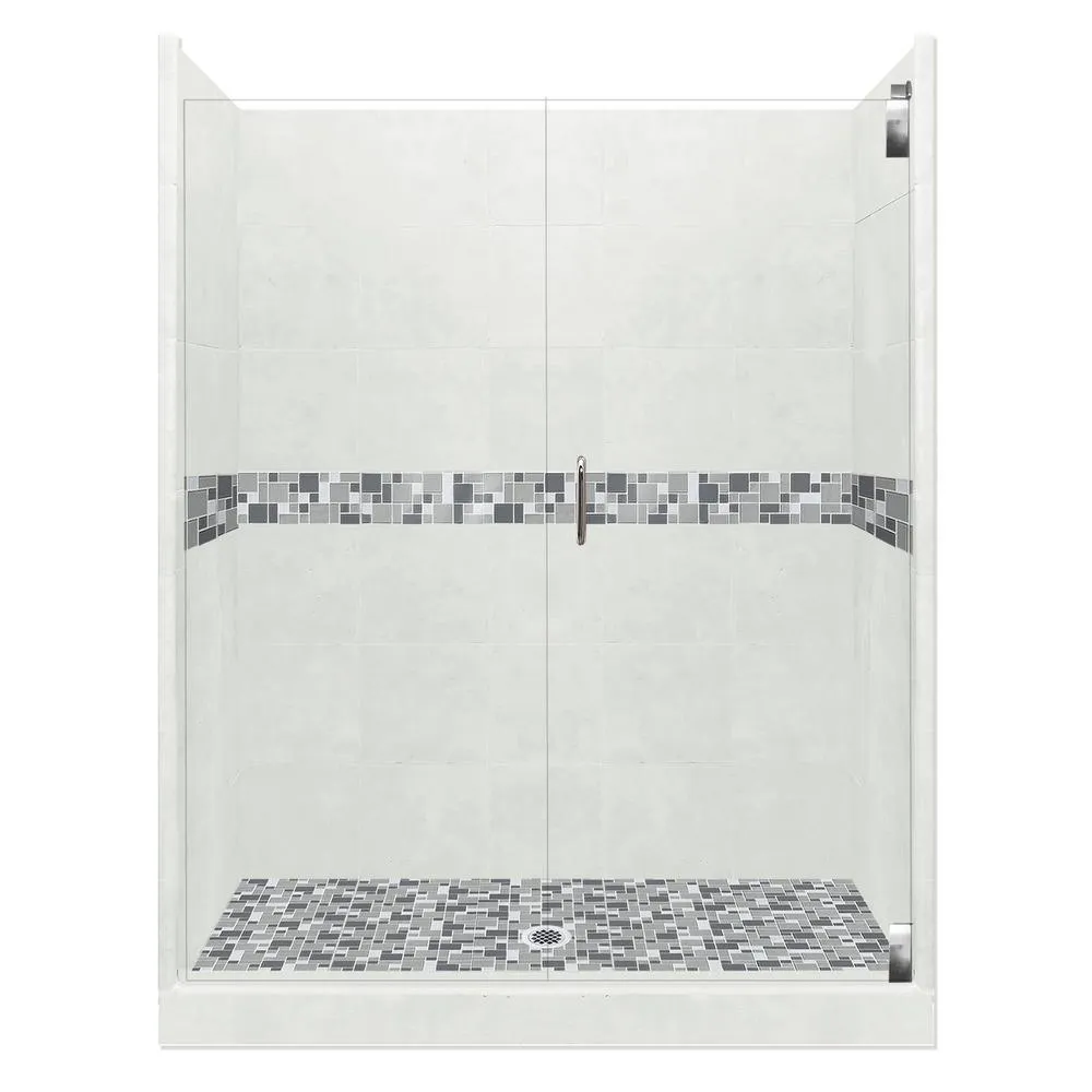 Del Mar Grand Hinged 36 in. x 54 in. x 80 in. Center Drain Alcove Shower Kit in Natural Buff and Satin Nickel Hardware, photo 11 of 16