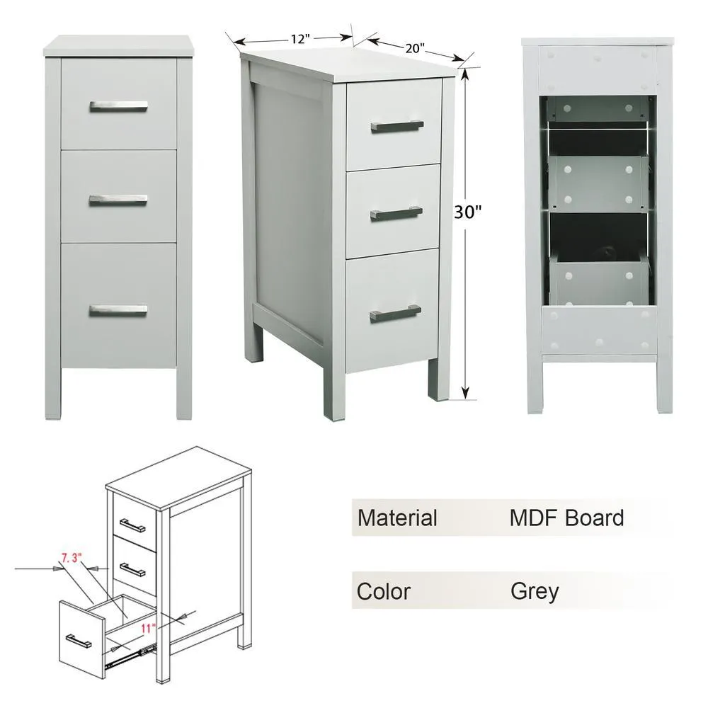 CASAINC 20 in. W x 12 in. D x 30 in. H Bathroom Vanity Cabinet Linen Cabinet with Three Drawers in Gray, photo 3 of 7